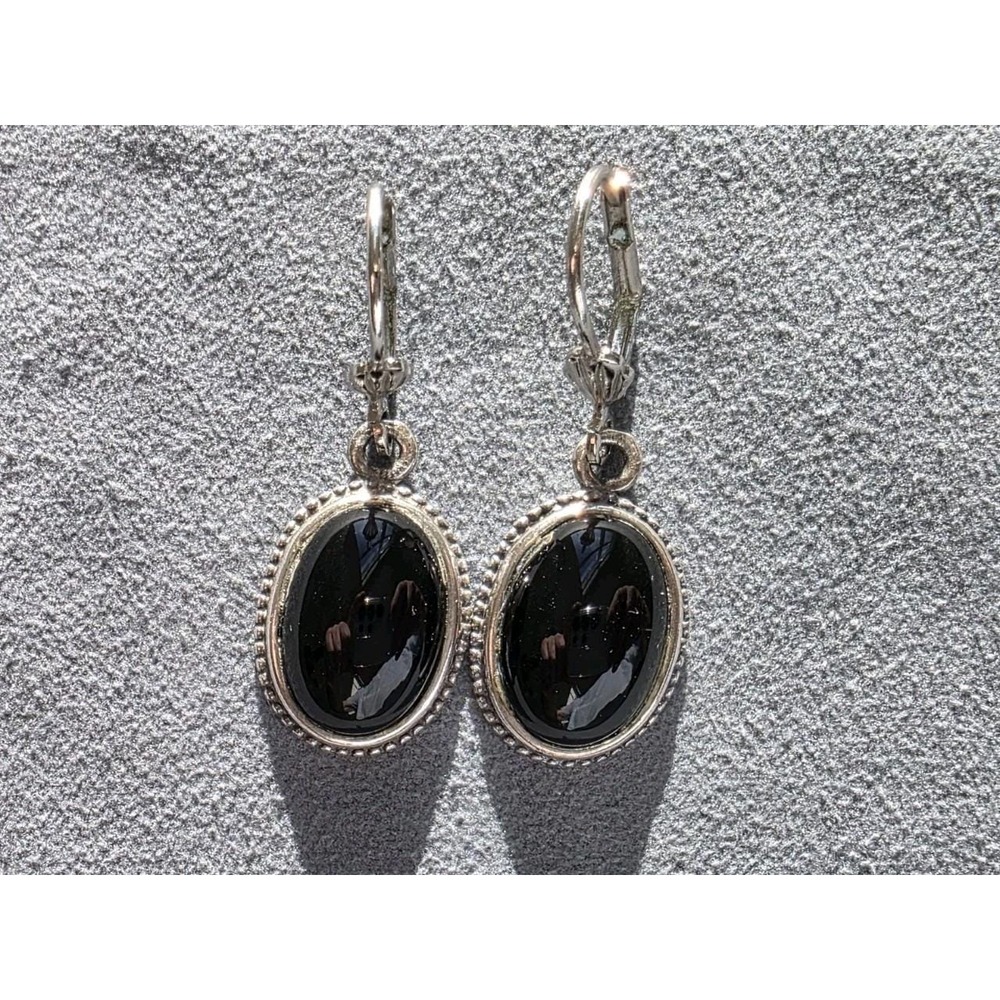 Vintage 925 Sterling Silver Natural Black Onyx Oval Dangle Leverback Earrings